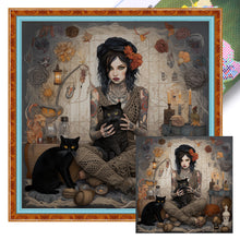 Load image into Gallery viewer, Yishu - Girl And Black Cat - 70*70CM 11CT 3 Stamped Cross Stitch
