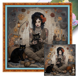 Yishu - Girl And Black Cat - 70*70CM 11CT 3 Stamped Cross Stitch