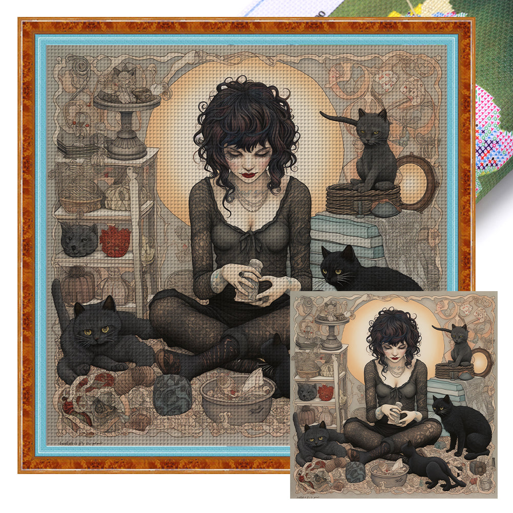Yishu - Girl And Black Cat - 70*70CM 11CT 3 Stamped Cross Stitch