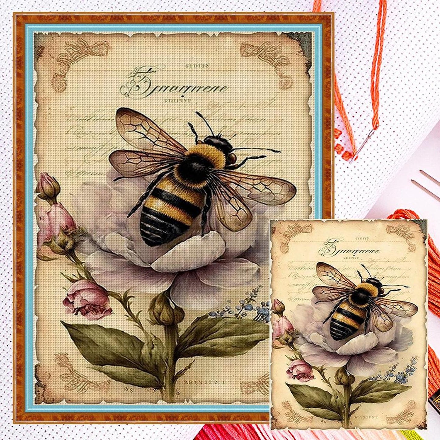Vintage Poster - Fresh Flowers And Bees - Full 11CT Counted Cross Stitch 40x55CM - Huacan