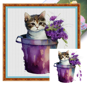 Yishu - Cat With Teacup Flowers - 50*50CM 11CT 3 Stamped Cross Stitch