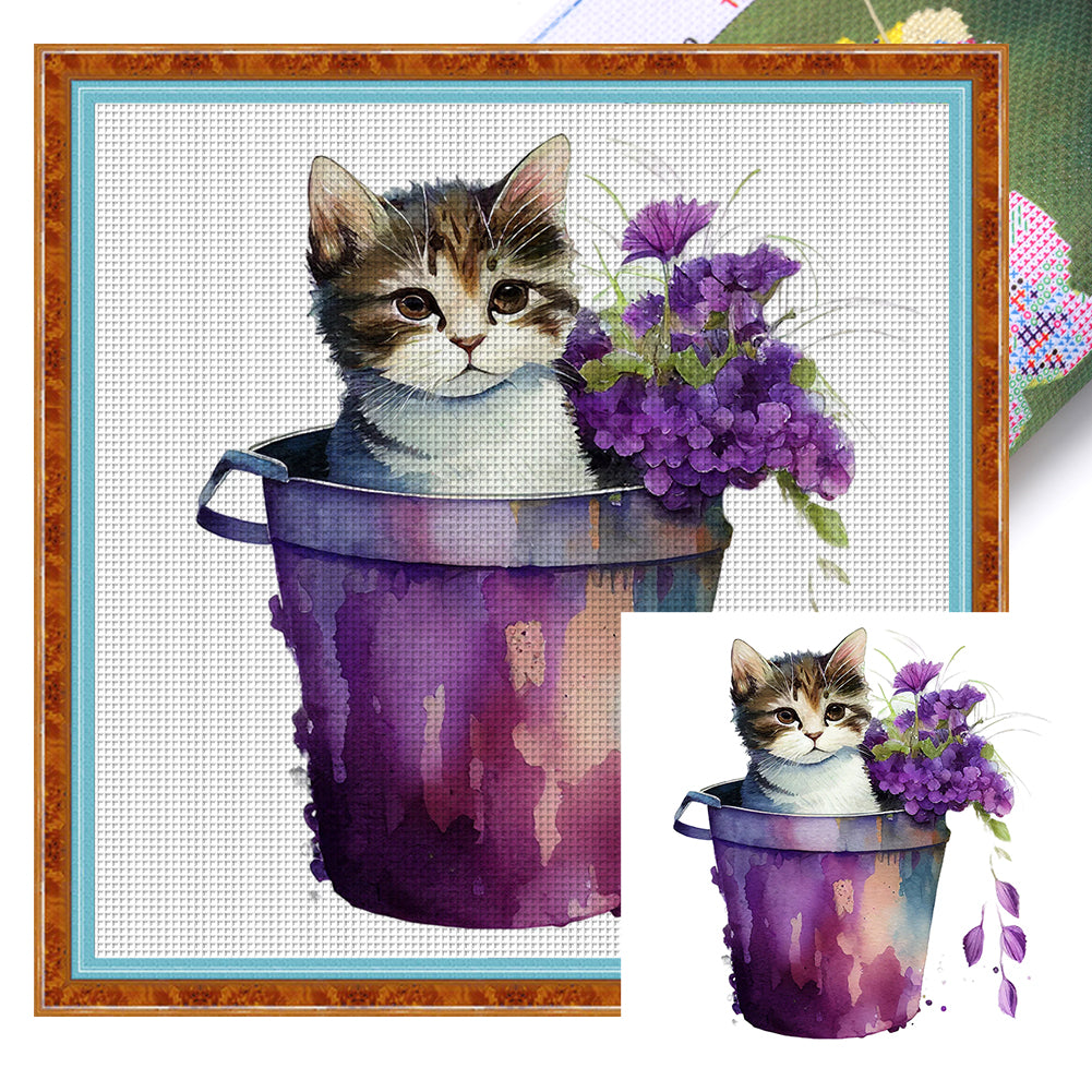 Yishu - Cat With Teacup Flowers - 50*50CM 11CT 3 Stamped Cross Stitch