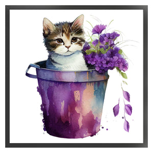 Yishu - Cat With Teacup Flowers - 50*50CM 11CT 3 Stamped Cross Stitch