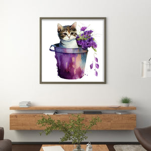 Yishu - Cat With Teacup Flowers - 50*50CM 11CT 3 Stamped Cross Stitch