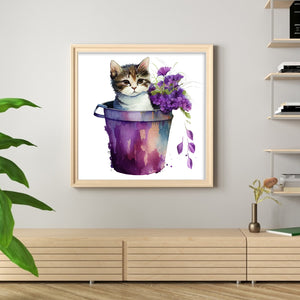 Yishu - Cat With Teacup Flowers - 50*50CM 11CT 3 Stamped Cross Stitch