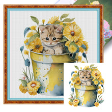 Load image into Gallery viewer, Yishu - Cat With Teacup Flowers - 50*50CM 11CT 3 Stamped Cross Stitch
