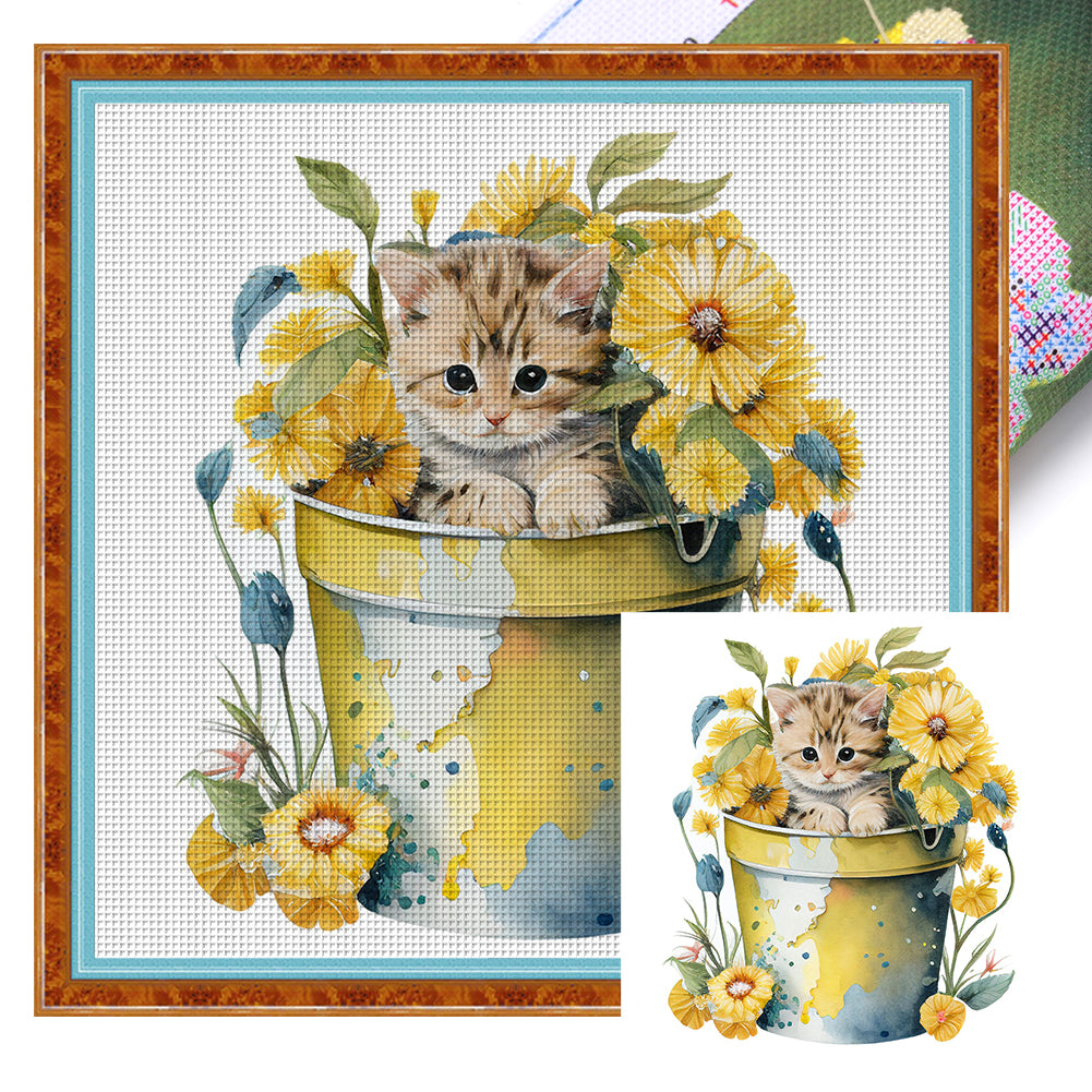 Yishu - Cat With Teacup Flowers - 50*50CM 11CT 3 Stamped Cross Stitch