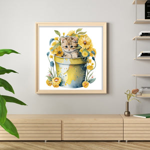 Yishu - Cat With Teacup Flowers - 50*50CM 11CT 3 Stamped Cross Stitch