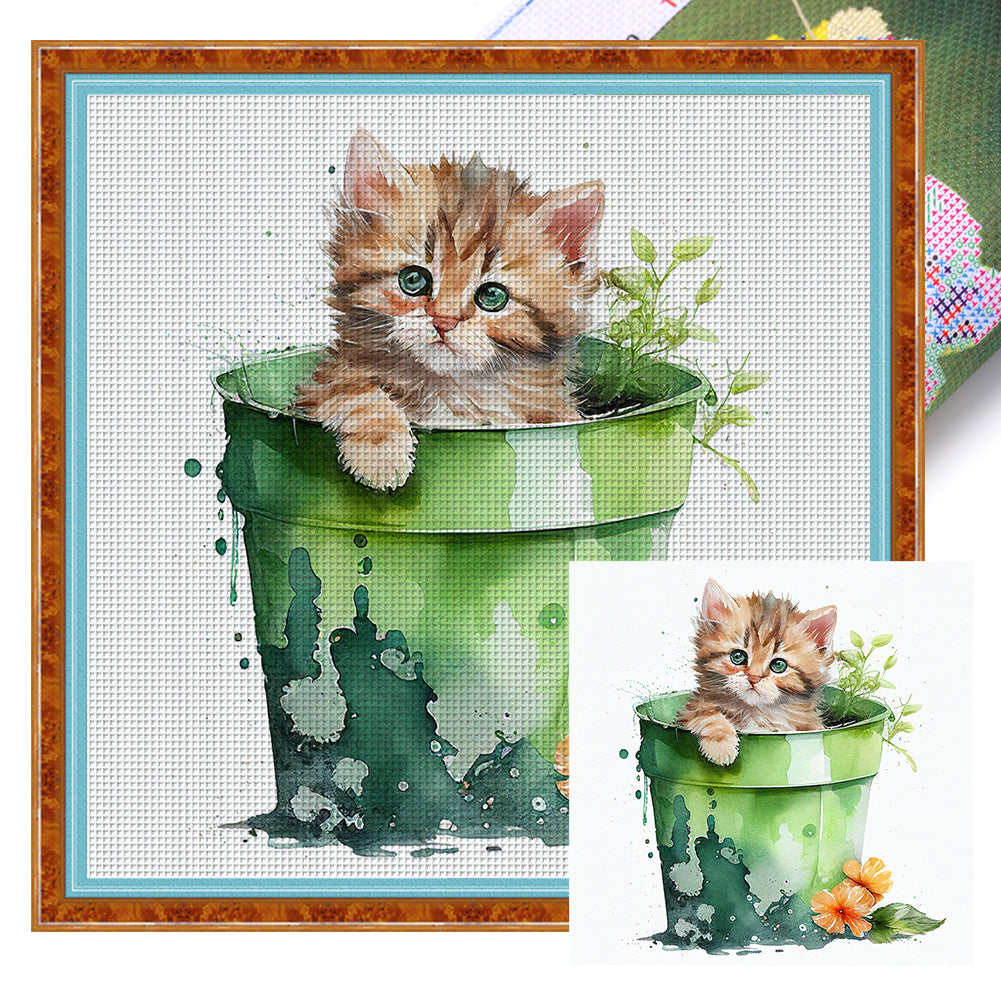 Yishu - Cat With Teacup Flowers - 50*50CM 11CT 3 Stamped Cross Stitch