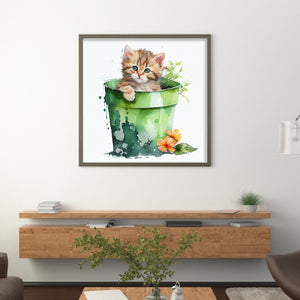 Yishu - Cat With Teacup Flowers - 50*50CM 11CT 3 Stamped Cross Stitch