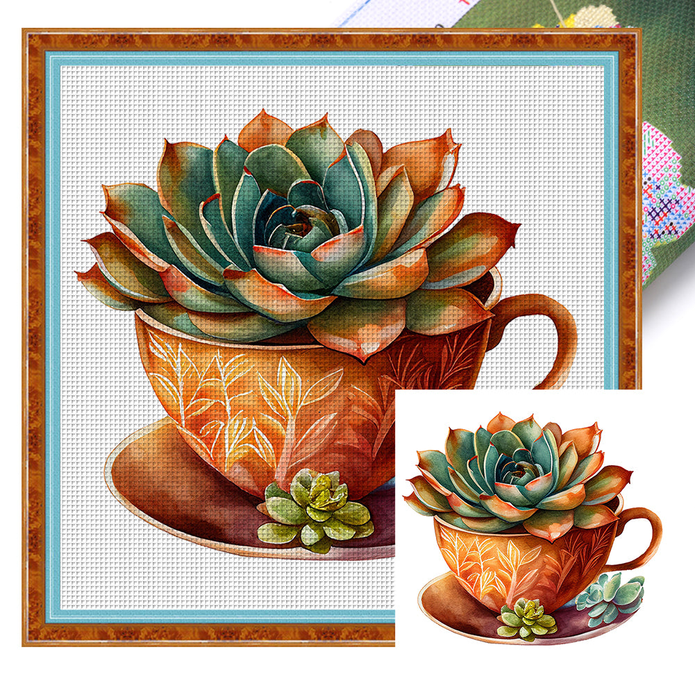 DIY - Teacup Succulents - 50*50CM 11CT 3 Stamped Cross Stitch
