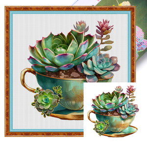 DIY - Teacup Succulents - 50*50CM 11CT 3 Stamped Cross Stitch