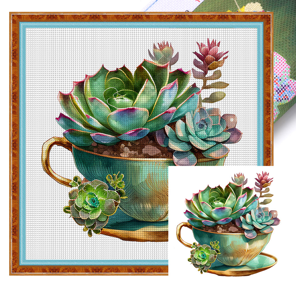 DIY - Teacup Succulents - 50*50CM 11CT 3 Stamped Cross Stitch