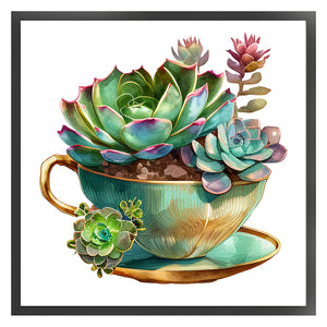 DIY - Teacup Succulents - 50*50CM 11CT 3 Stamped Cross Stitch