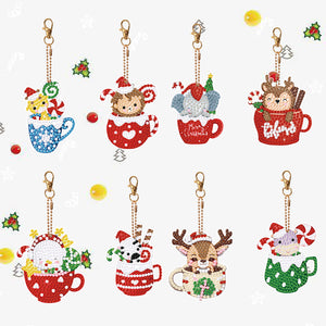 Christmas 8PCS Rhinestone Painting Pendant Double Sided (Xmas Hat Cup Animal)