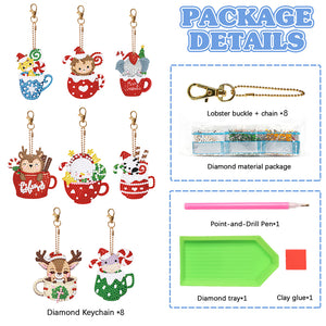 Christmas 8PCS Rhinestone Painting Pendant Double Sided (Xmas Hat Cup Animal)