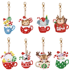 Christmas 8PCS Rhinestone Painting Pendant Double Sided (Xmas Hat Cup Animal)
