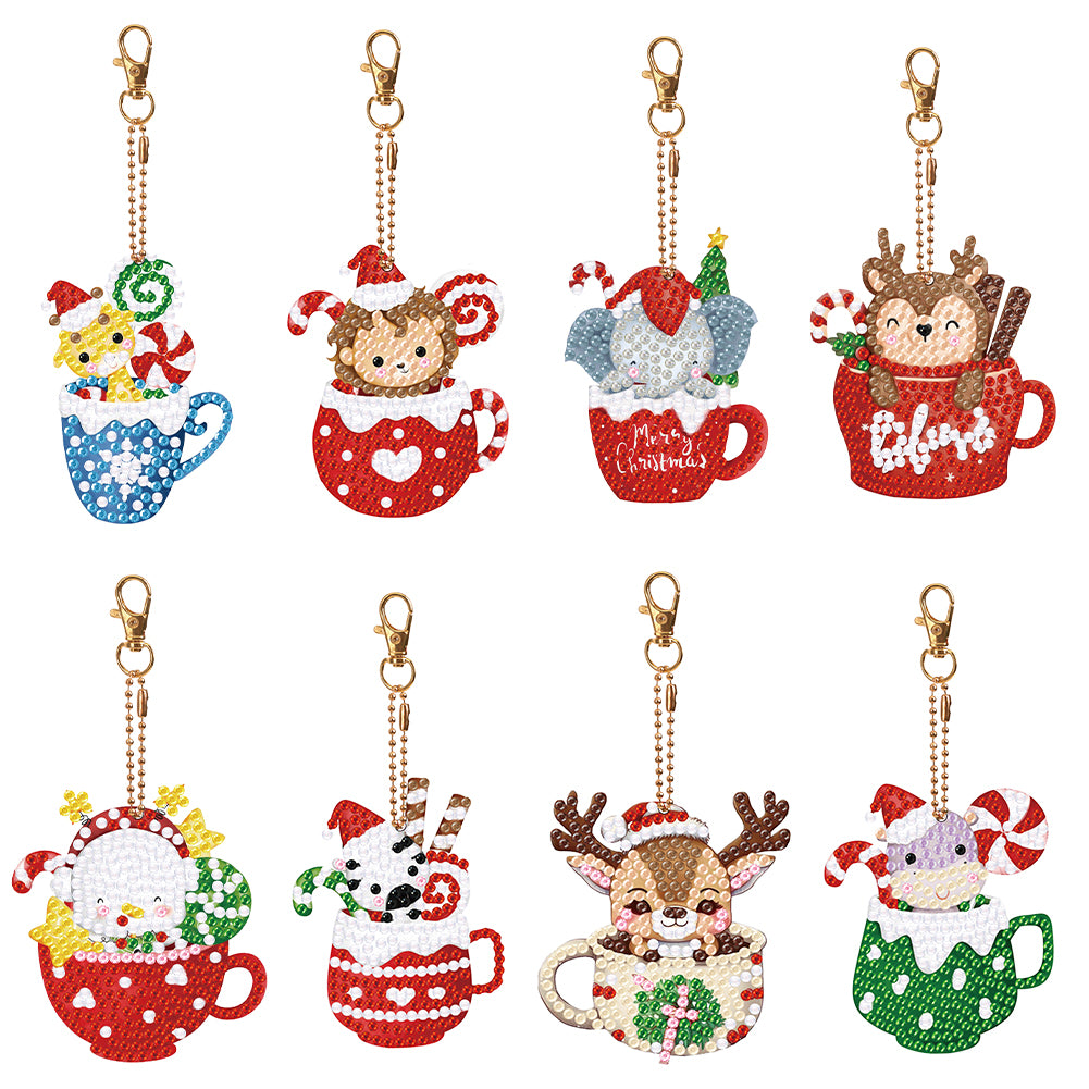 Christmas 8PCS Rhinestone Painting Pendant Double Sided (Xmas Hat Cup Animal)