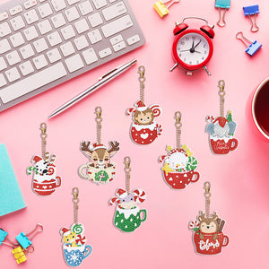 Christmas 8PCS Rhinestone Painting Pendant Double Sided (Xmas Hat Cup Animal)