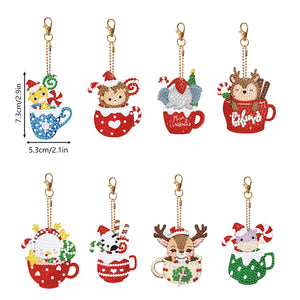 Christmas 8PCS Rhinestone Painting Pendant Double Sided (Xmas Hat Cup Animal)