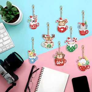 Christmas 8PCS Rhinestone Painting Pendant Double Sided (Xmas Hat Cup Animal)
