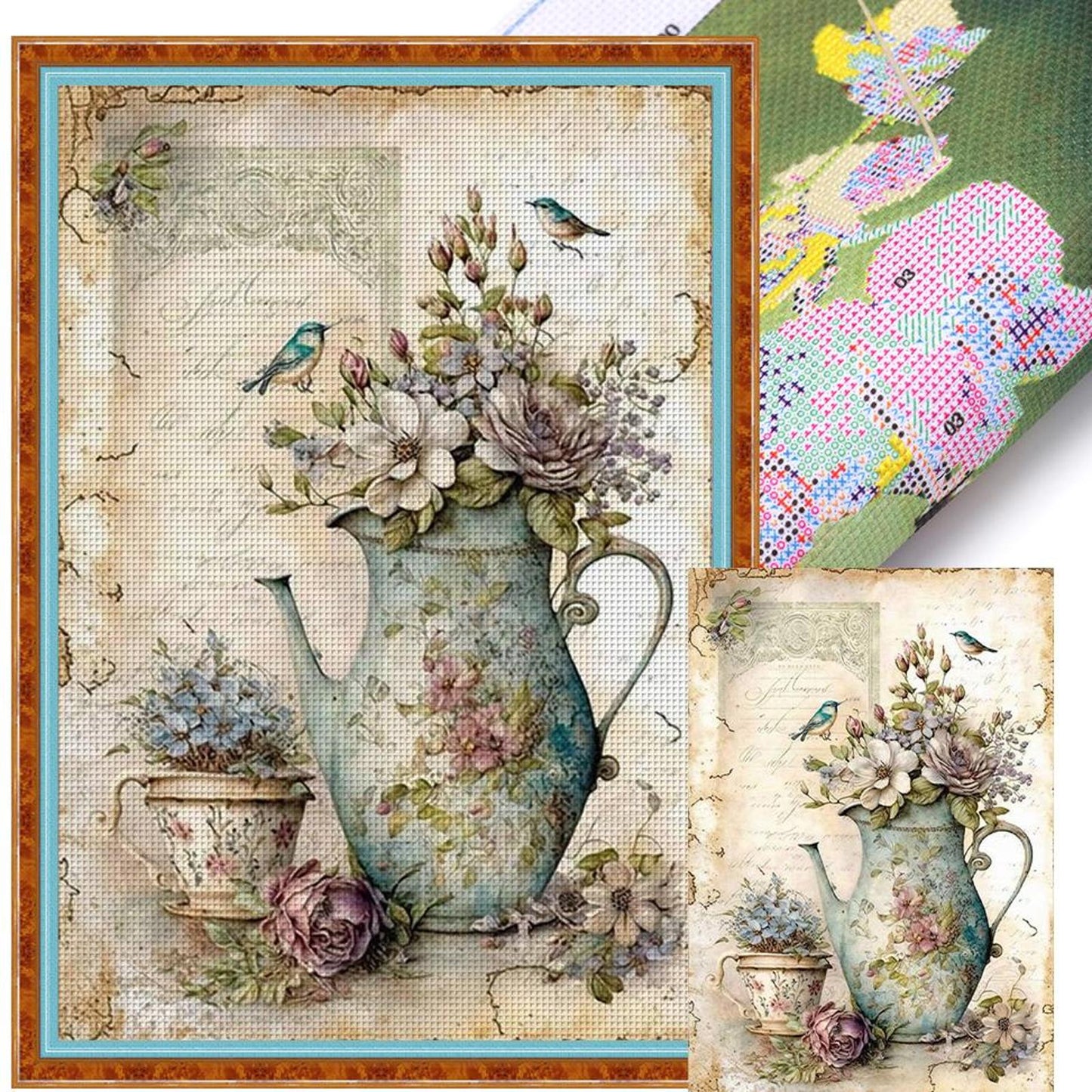 Vintage Poster - Vase And Bird - Full 11CT Stamped Cross Stitch 40x60CM - Huacan