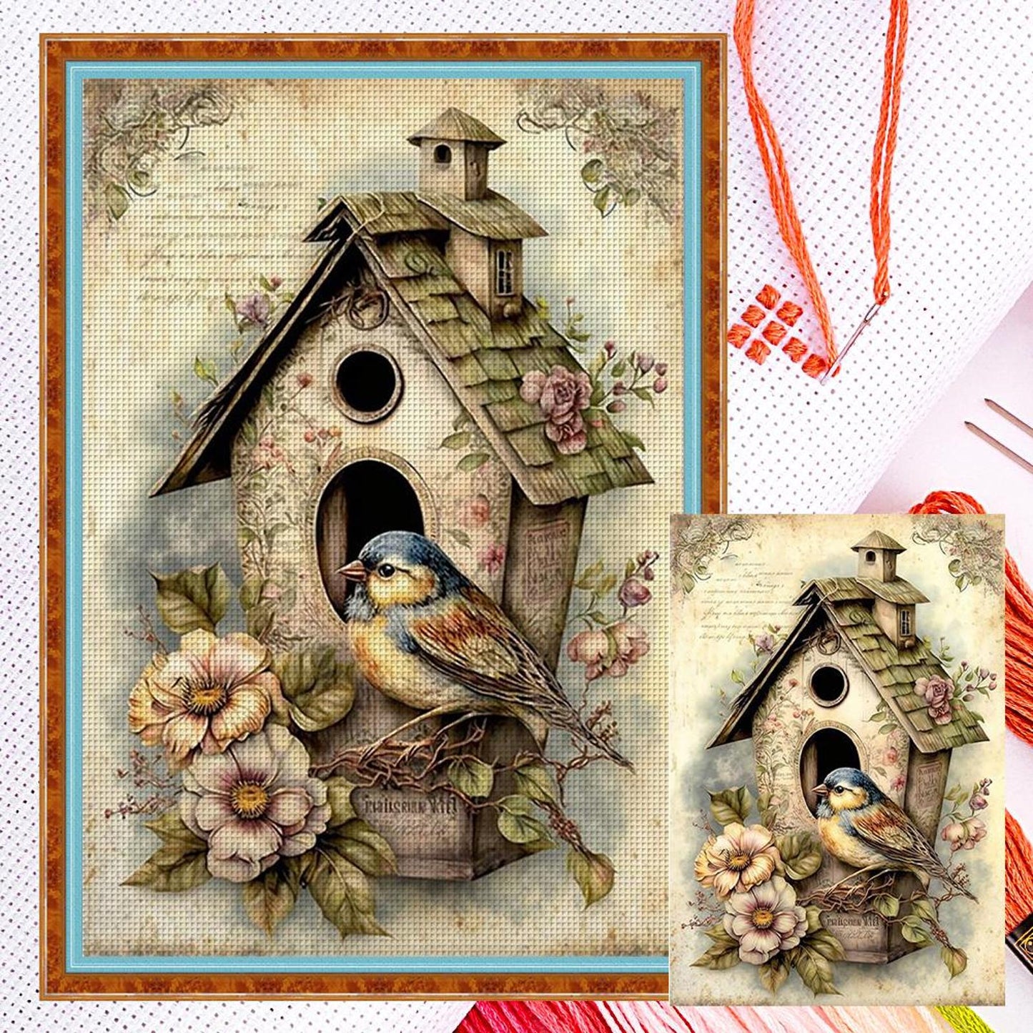 Vintage Poster - Bird And Birdcage - Full 11CT Counted Cross Stitch 40x60CM - Yishu