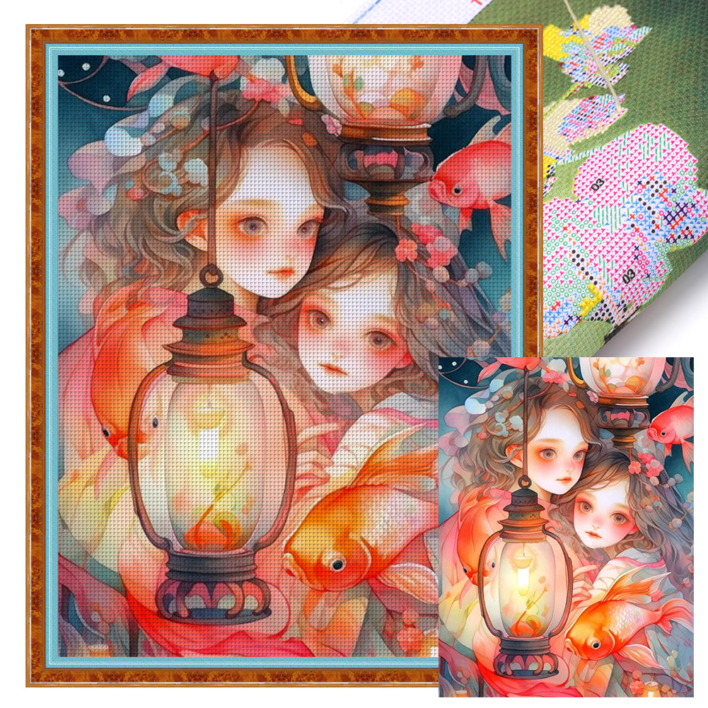 Huancan - Lantern Girl - 50*65CM 11CT 3 Stamped Cross Stitch