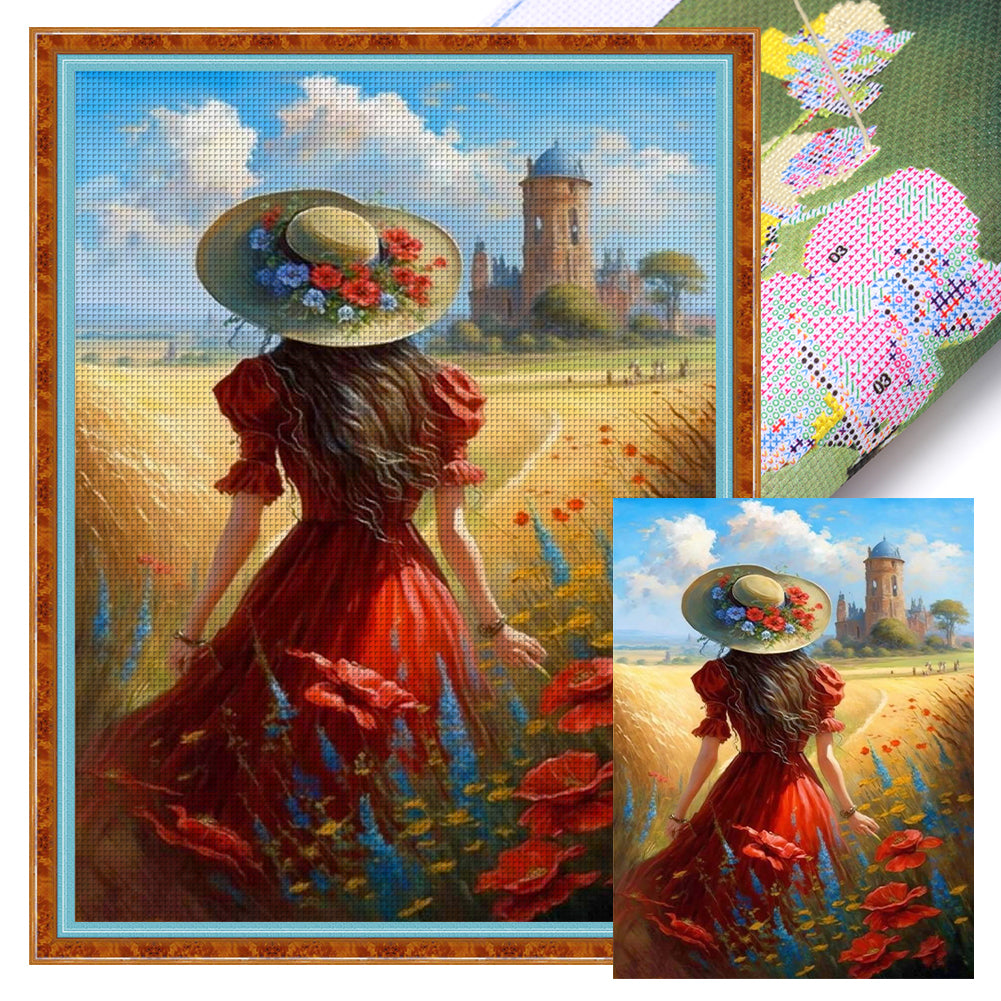Huancan - Girl With Poppies In The Manor (Back View) - 40*55CM 11CT 3 Stamped Cross Stitch