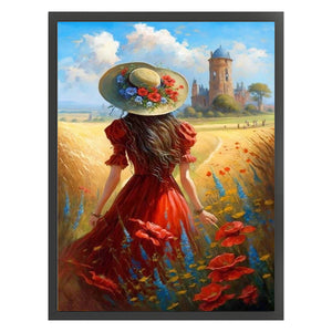 Huancan - Girl With Poppies In The Manor (Back View) - 40*55CM 11CT 3 Stamped Cross Stitch