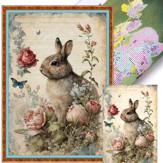 Vintage Poster - Rabbit And Peony - Full 11CT Stamped Cross Stitch 40x60CM - Huacan