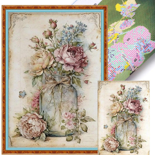 Vintage Poster - Peony In Vase - Full 11CT Stamped Cross Stitch 40x60CM - Huacan