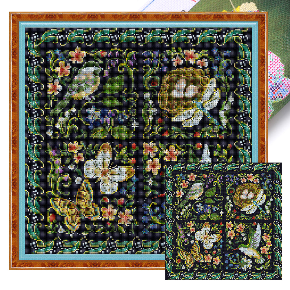 Huancan - Creatures And Flowers - 50*50CM 11CT 3 Stamped Cross Stitch