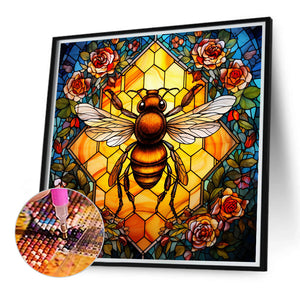 Flower And Bee Glass Painting 40*40CM(Canvas) Full Round Drill Diamond Painting