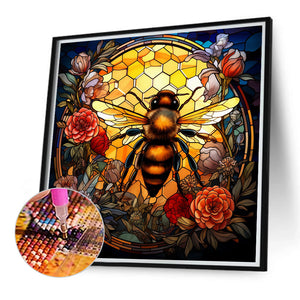 Flower And Bee Glass Painting 40*40CM(Canvas) Full Round Drill Diamond Painting
