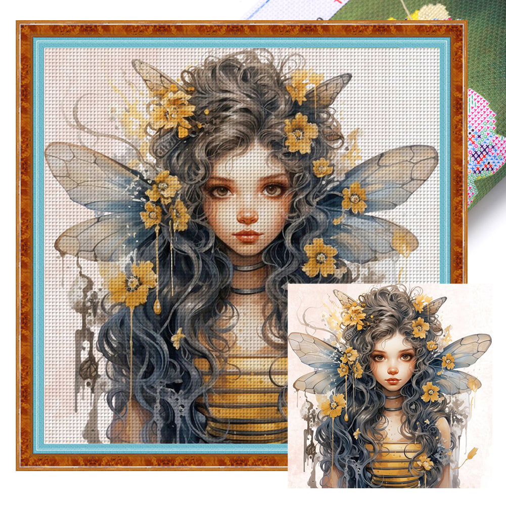 Huancan - Bee Girl - 50*50CM 11CT 3 Stamped Cross Stitch