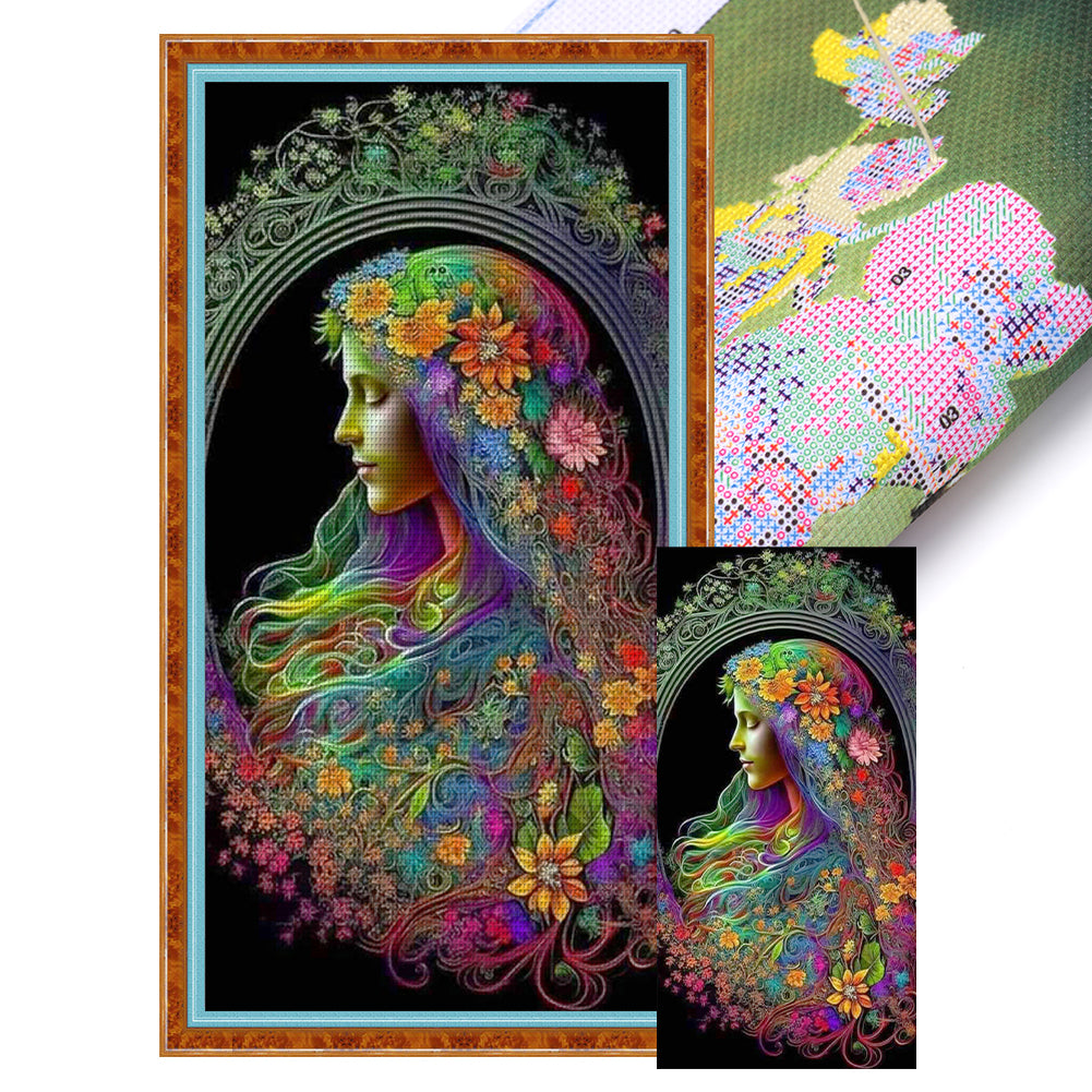 Yishu - Girl With Flowers - 50*100CM 11CT 3 Stamped Cross Stitch