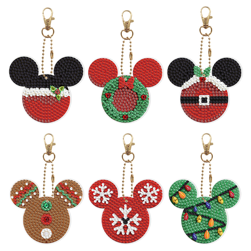 Christmas Full Drill Keyring Double Sided Special Shape (6pcs Xmas Mickey Mouse)