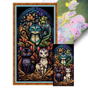 Yishu - Cat Glass Painting - 35*70CM 11CT 3 Stamped Cross Stitch