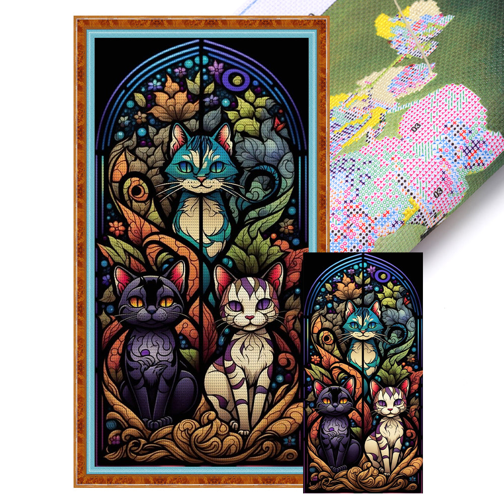 Yishu - Cat Glass Painting - 35*70CM 11CT 3 Stamped Cross Stitch