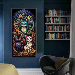Yishu - Cat Glass Painting - 35*70CM 11CT 3 Stamped Cross Stitch