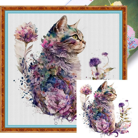 Fresh Flowers And Cat - Full 16CT Stamped Cross Stitch 40x40CM - Huacan