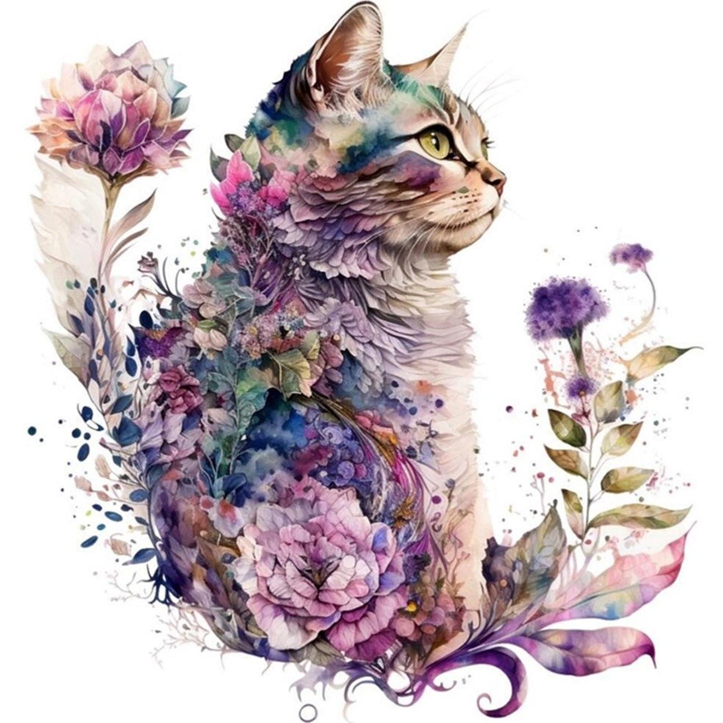Fresh Flowers And Cat - Full 16CT Stamped Cross Stitch 40x40CM - Huacan