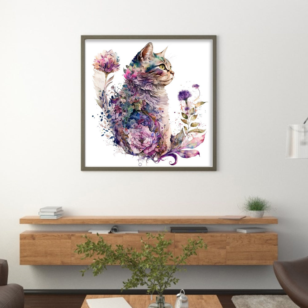 Fresh Flowers And Cat - Full 16CT Stamped Cross Stitch 40x40CM - Huacan
