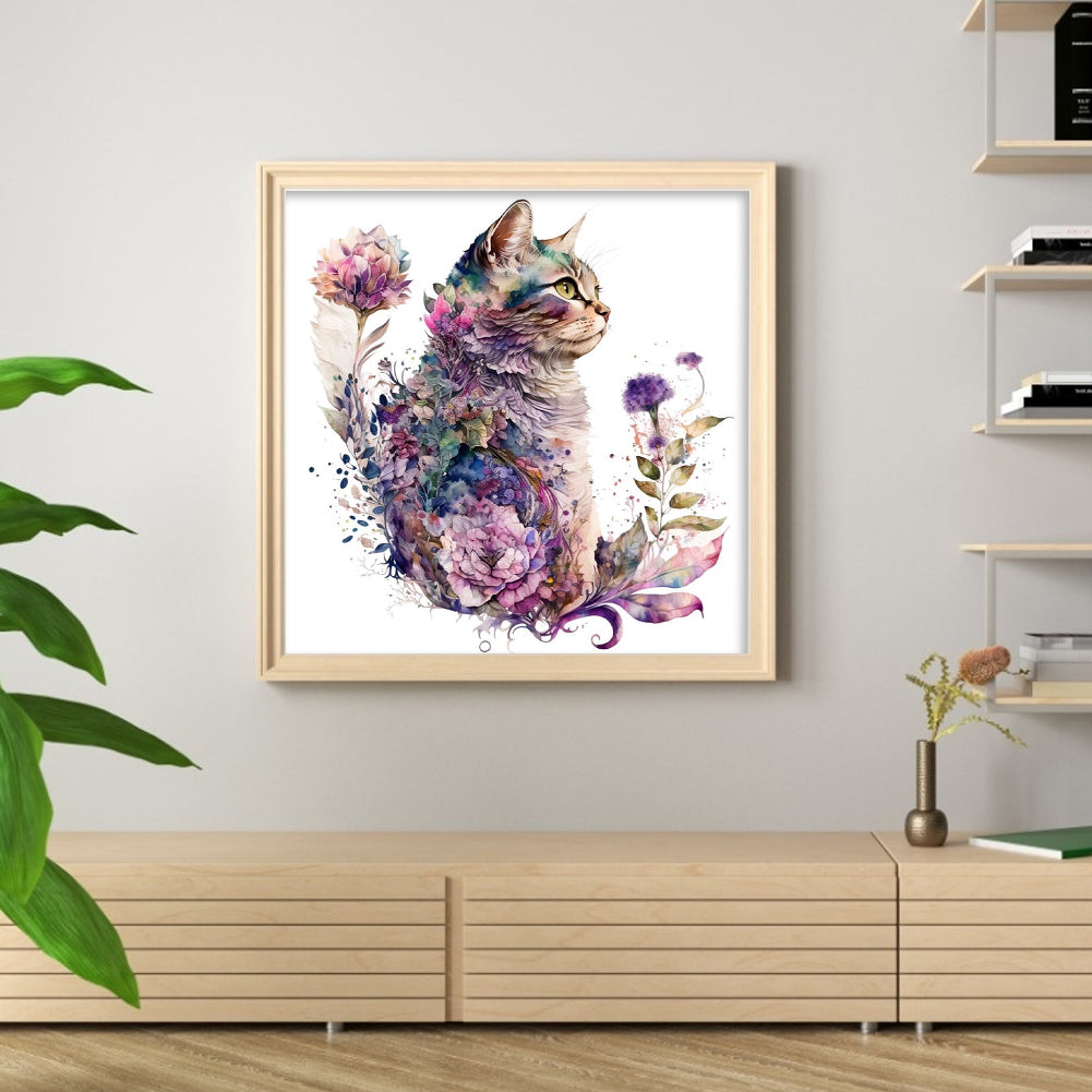 Fresh Flowers And Cat - Full 16CT Stamped Cross Stitch 40x40CM - Huacan