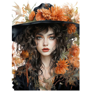 Huancan - Autumn Flowers And Black Hat Woman - 50*65CM 11CT 3 Stamped Cross Stitch