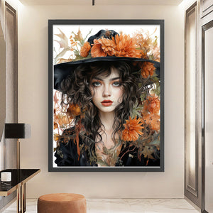 Huancan - Autumn Flowers And Black Hat Woman - 50*65CM 11CT 3 Stamped Cross Stitch