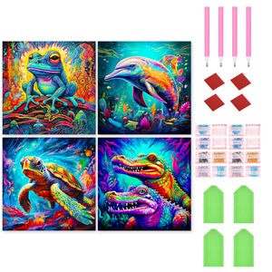 4PCS Frog, Dolphin, Turtle, Crocodile 30*30CM(Canvas) Full Round Drill Diamond Painting