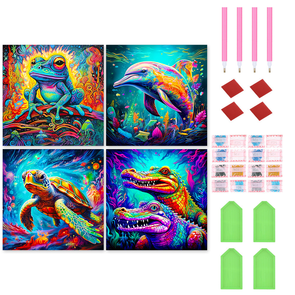 4PCS Frog, Dolphin, Turtle, Crocodile 30*30CM(Canvas) Full Round Drill Diamond Painting