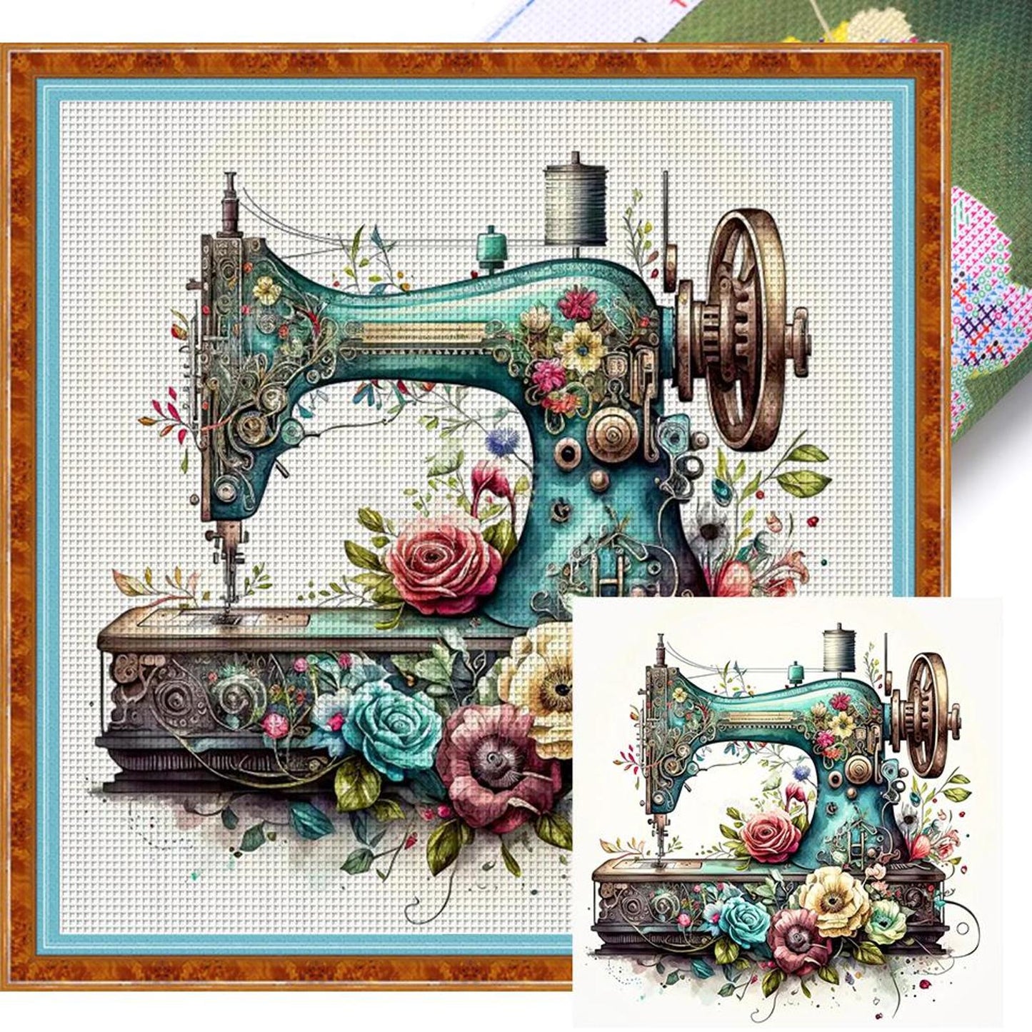 Vintage Floral Sewing Machine - Full 14CT Stamped Cross Stitch 40x40CM - Huacan